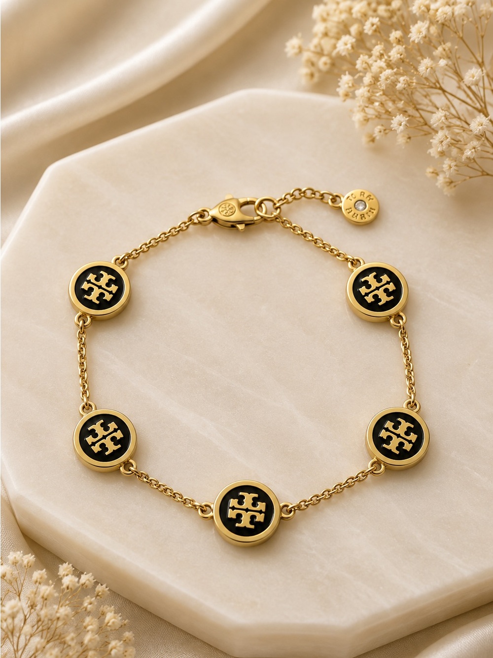 Tory Burch Gold and Black Logo Disc Bracelet
